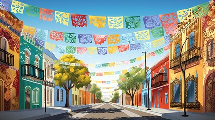Elaborate papel picado banners, intricately cut paper fluttering in the breeze, infuse streets with a lively atmosphere and deep cultural significance