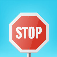 Vector Red and White Round Prohibition Sign Icon - Stop. Stop Traffic Sign Frame Closeup on a Blue Sky Background. Traffic Road Plate, Sign Design Template, Front View