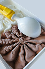 Close up of chocolate and vanilla ice cream with spoon 