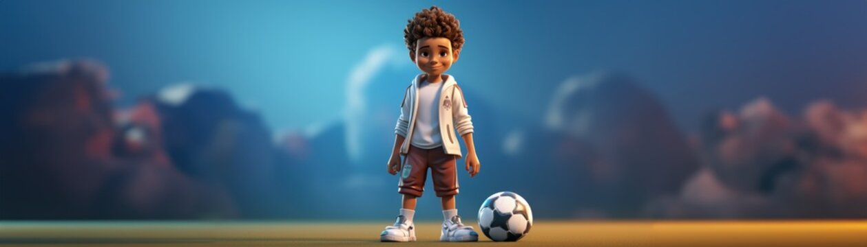 Naklejki Cartoon character in style, banner copy space background, Cute animated figure standing with a ball playing a sports game soccer football .