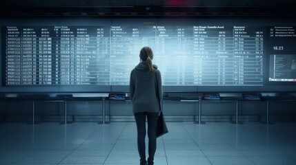 Back view of girl on the background of a large electronic scoreboard at the airport or bus station