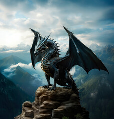 A scary dragon standing over a mountian. - 642222791