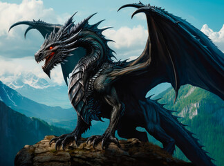 Fantasy dragon standing over a rock.
