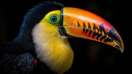 Close-up of a toucan on a black background in a zoo