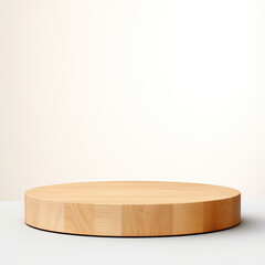 Wooden round product podium against a light wall. Minimalistic moskap for the product.