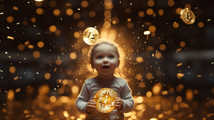  Imagine Stunning realistic full-body portrait of a happy baby with flying bitcoins in a room