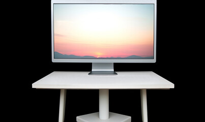 Desktop computer screen with nature landscape image in a minimal office room on the white desk against a black backdrop.