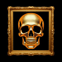 Shiny Guardian of Darkness. Golden Human Skull in a Gold Frame on a Black Background.