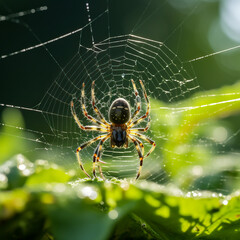 Obraz premium Spider sitting in its web, ready to catch a fly or some other bug. Shallow field of view.