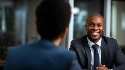 Man in a suit at a job interview at an office, sitting across the table from HR and the manager. Concept of job searching, headhunters and career choices. Shallow field of view.
