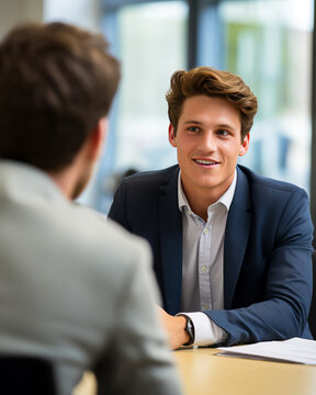 Man in a suit at a job interview at an office, sitting across the table from HR and the manager. Concept of job searching, headhunters and career choices. Shallow field of view.