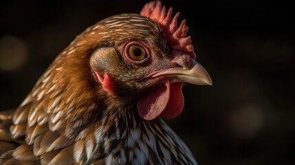Portrait of a hen with a red comb on a dark background. Livestock. Farm concept. Laying hens farmers concept with Copy Space.