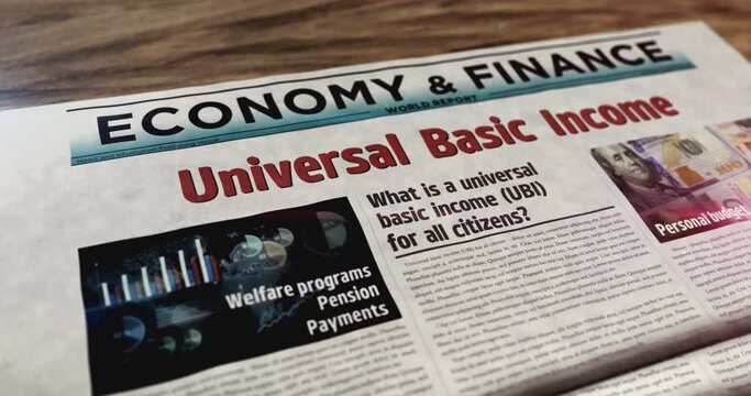 Universal basic income citizens salary payment and social redistribution daily newspaper on table. Headlines news abstract concept 3d.