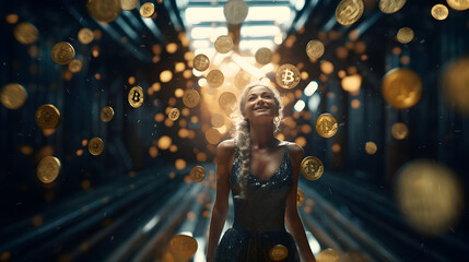 Imagine Stunning realistic full-body portrait of a happy Jung woman with flying bitcoins in a room