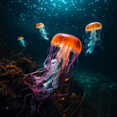 Glowing star jellyfish swimming in deep sea