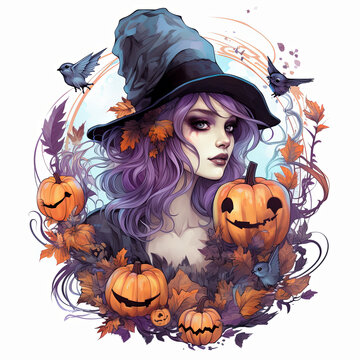 Illustration of Halloween fairytale beautiful witch. cartoon