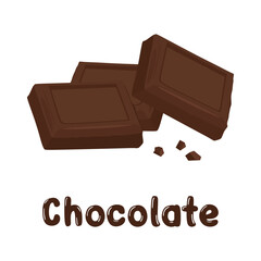 Vector chocolate pieces isolated on white background. Flat illustration of chocolate bar, chunks with inscription. Sweet dessert parts of black chocolate. Flat vector illustration