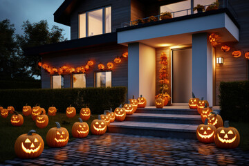 Decorated entrance to the house with pumpkins for Halloween