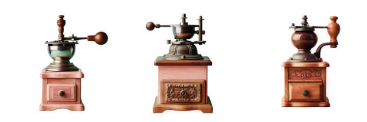 Antique coffee grinder on transparent background