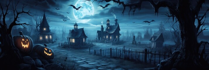 Halloween celebration, scary horror atmosphere, pumpkins candles spiders moon