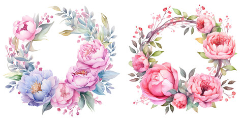 Illustration of a stunning watercolor wreath adorned with roses and peony transparent background