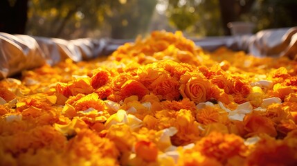 Vibrant marigold petals blanket gravesites, guiding spirits back home during November's Day of the Dead celebration
