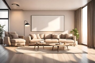 A beige-toned modern living room with a backlit horizontal poster at the door, a floor lamp next to a window with white curtains, and décor on a coffee table next to a modern sofa. 

