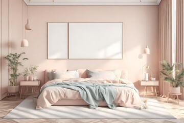 Mockup frame in a light pastel-colored bedroom interior background, 