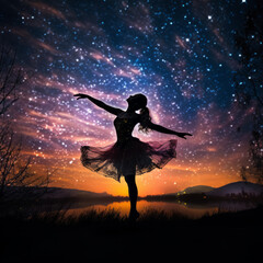 Silhouette of a ballerina dancing under the night sky