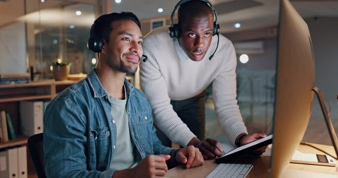 Coaching, night or manager in call center training for telemarketing late in customer services. Online help, computer advice or black man leader teaching or talking to agent for learning or education