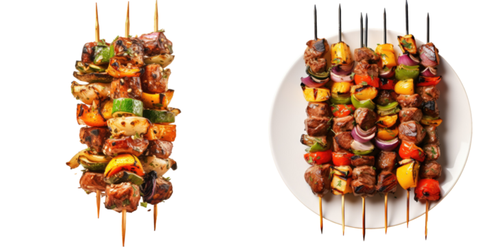Grilled meat and vegetable skewers BBQ on a transparent background