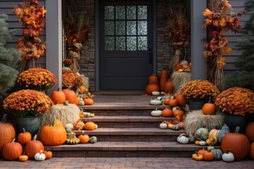 Decorated entrance to the house with pumpkins and flowers