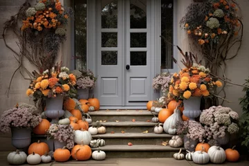  Porch of house, decorated with pumpkins and flowers © happy_finch