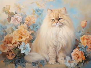 A cat with floral background acrylic, watercolor and oil painting