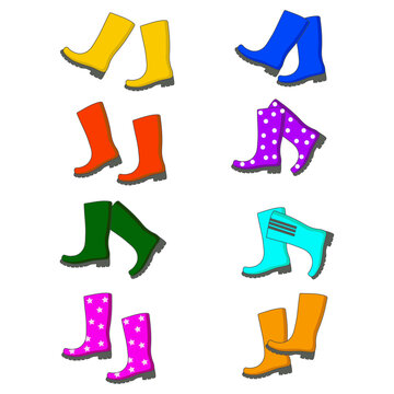 Set of rubber boots. Colored boots, autumn shoes, winter shoes. Bright colors, cute boots, autumn, winter, funny picture