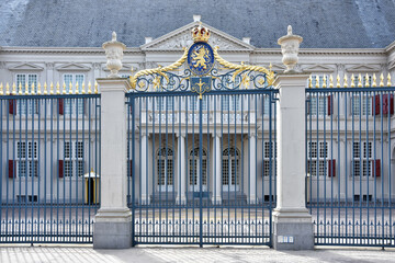 royal palace. Gate in front of Noordeinde Palace with dutch royal emblem. The Hague, Netherlands, Holland, Europe