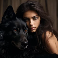 Fototapeten Beautiful woman hugging a big black wolf © Guido Amrein
