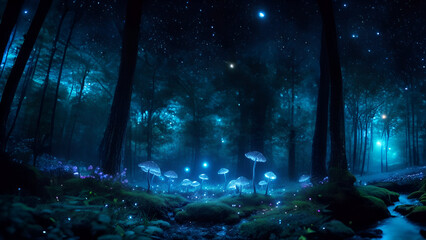 Enchanted night: glowing blue galaxy mushrooms in a magic forest - Generative AI