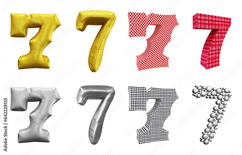 Poster set of number 7 in 3d rendering isolated on transparent background for math, business and education 