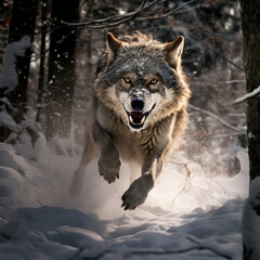 Wolf leaping forward towards camera in the snowy woods