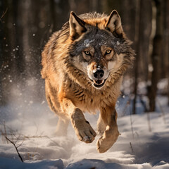 Fototapeta premium Wolf leaping forward towards camera in the snowy woods