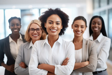 Picture showcasing group of women standing next to each other. This image can be used to represent female empowerment, teamwork, diversity, friendship, or professional setting. Ideal for websites.