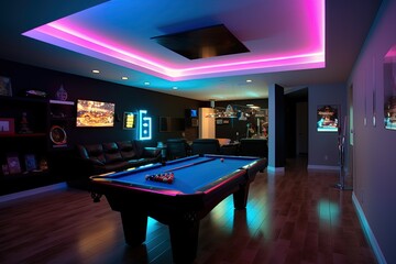 gaming room with neon light, billiard, created with AI, generative AI, AI