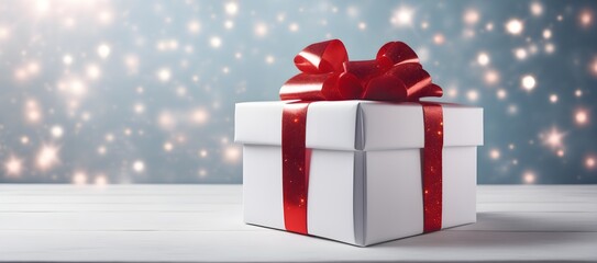 White Gift Box with Red Ribbon. Holiday or birthday concept with copy space for you design.