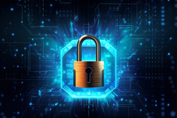 padlock on electronic circuit design background, glowing electronic lock, computer network and cybersecurity
