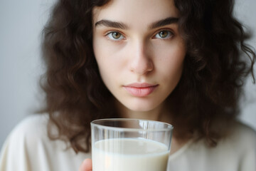 Woman holding glass of milk in front of her face. This versatile image can be used in various contexts.
