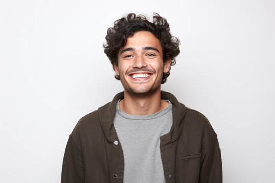 Picture of man with curly hair, wearing jacket, and smiling. This image can be used to portray friendly and approachable individual. Suitable for various projects and designs.