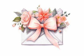 Delicate and charming still life image featuring an envelope adorned with beautiful flowers, set against clean white background. Concept of greeting cards, stationery design, floral decoration concept