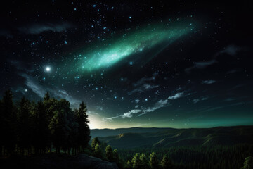 Fototapeta premium Captivating view of a green nebula shining near a towering rock in the bustling night sky. Perfect for astronomy enthusiasts and celestial wonders.
