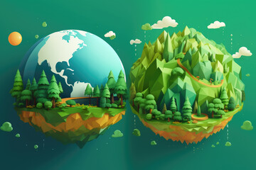 Naklejka premium Planet Earth is placed at the center of a lush island adorned with trees, creating a harmonious oasis of nature and global awareness. Ideal for environmental themes, nature's beauty.